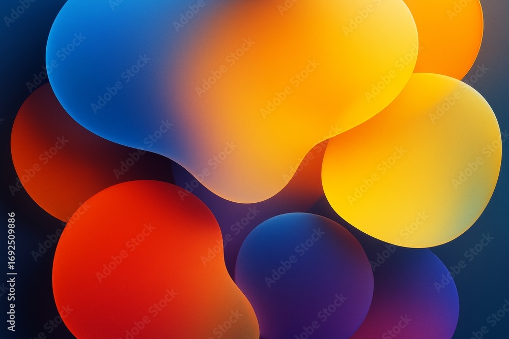 Poster abstract colorful fluid shapes overlapping with soft gradients on a dark background, representing a 