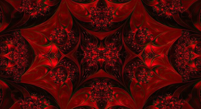 Intricate Red Fractal: Abstract, Symmetrical, and Dark, Artistic Digital Design.
