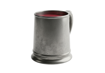 Rugged pewter tankard with murky dark crimson liquid, perfectly still, isolated on transparent background with soft studio light and copy space, still life study of historical object