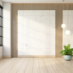 Minimalist empty room with marble wall and wooden slat wall, indoor plant and hanging lamp, white wall and wooden floor. 3d rendering