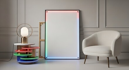 Minimalist Interior Scene With Neon Accents and Armchair light frame