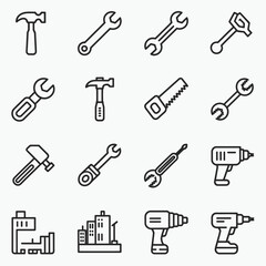 Collection of hand tools and power tools building icons for construction and repair projects silhouette vector illustration white background