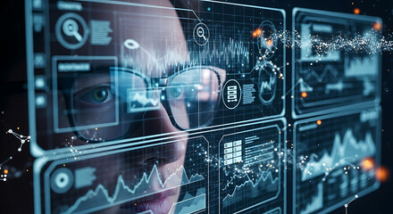 A person wearing glasses looking at a screen displaying data visualizations and information graphics