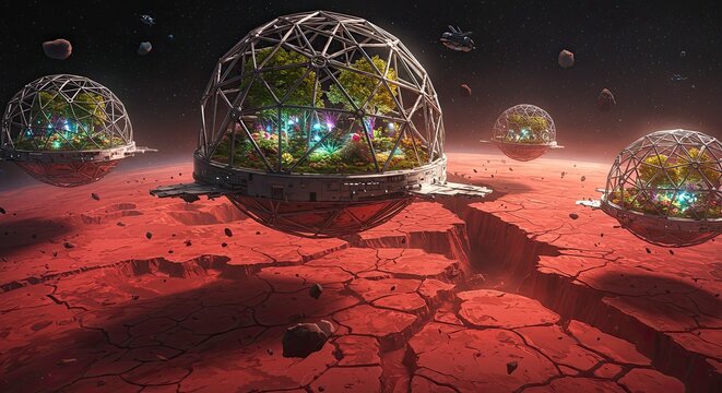 Martian Greenhouses: Futuristic Habitats on a Red Planet Landscape