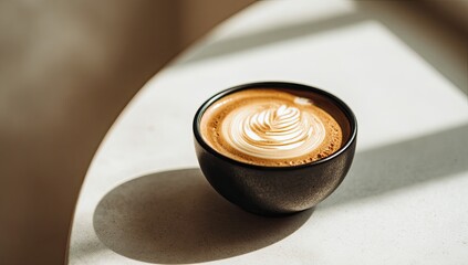 A rich latte in a dark bowl, bathed in sunlight