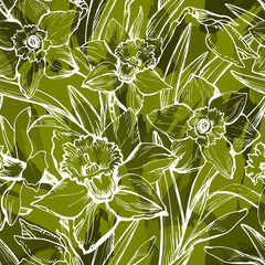 Daffodil flowers outline seamless pattern in monochrome khaki tones. Botanical modern design for textile, apparel fabric, bedding, dress, wallpaper.
