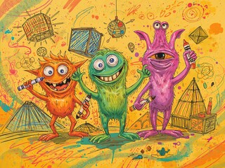 Colorful cartoon monsters drawing with crayons on yellow background wallpaper