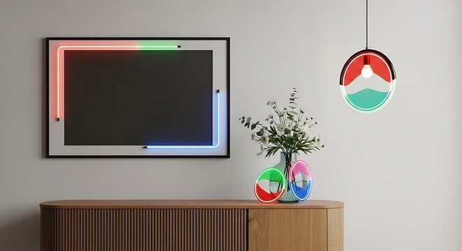 Modern Console Table with Floral Arrangement and Neon Accents sideboard cabinet