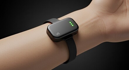 Modern Black Smartwatch on Wrist with Glowing Green Indicators, Technology Concept.