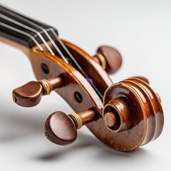 Close-up of violin headstock, showcasing intricate wooden details and fine tuning pegs