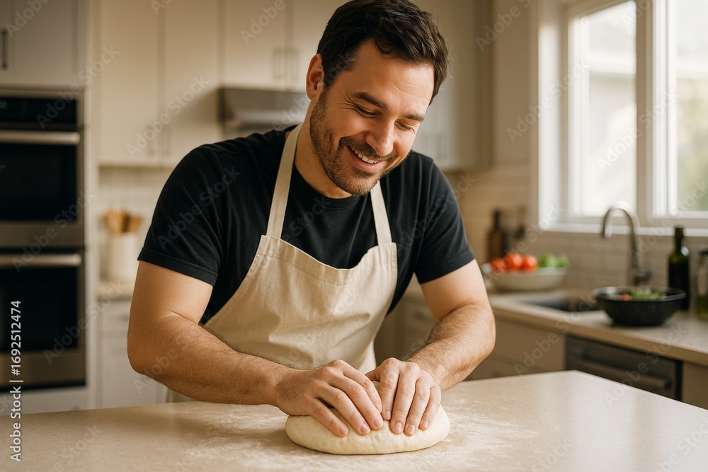 Poster smiling man kneading dough on kitchen counter as light streams through window in the background, enj