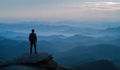 Silhouetted hiker on mountain peak, sunrise mist