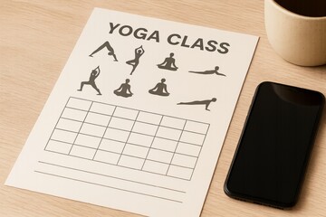 Yoga class schedule paper with illustrated poses on wooden desk beside smartphone and coffee cup in warm light background concept style.. Ai generative