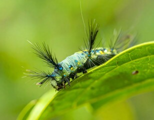 Fototapeta premium Close-up of a colorful caterpillar on a leaf (1)