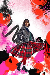 Collage of female model in red plaid skirt and leather jacket with artistic paint splash...