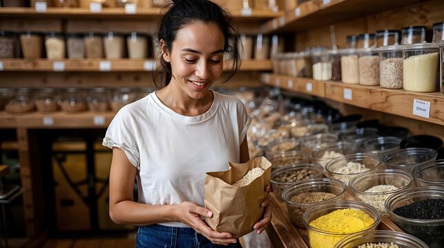 Jeune femme souriante tenant un sac papier dans magasin bio