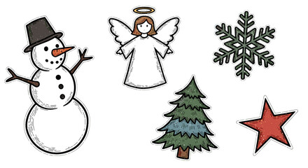 Illustration of christmas themed icons including snowman angel tree