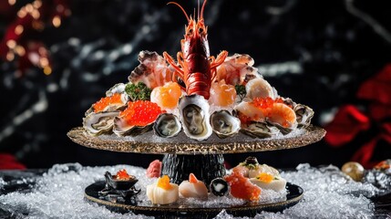 Exquisite seafood platter featuring fresh oysters, prawns, lobster, and caviar on a tiered platter, garnished with herbs.