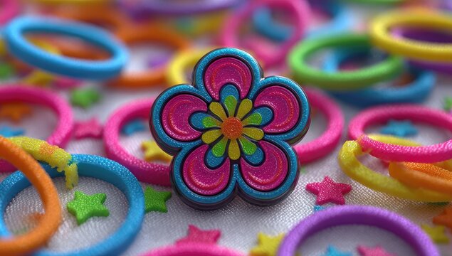 Colorful flower button surrounded by rings and stars