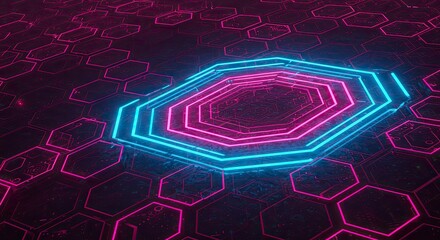 Neon Hexagonal Grid, Futuristic Abstract Design
