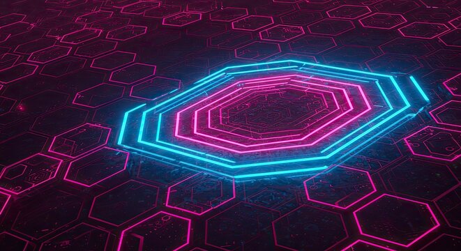 Neon Hexagonal Grid, Futuristic Abstract Design