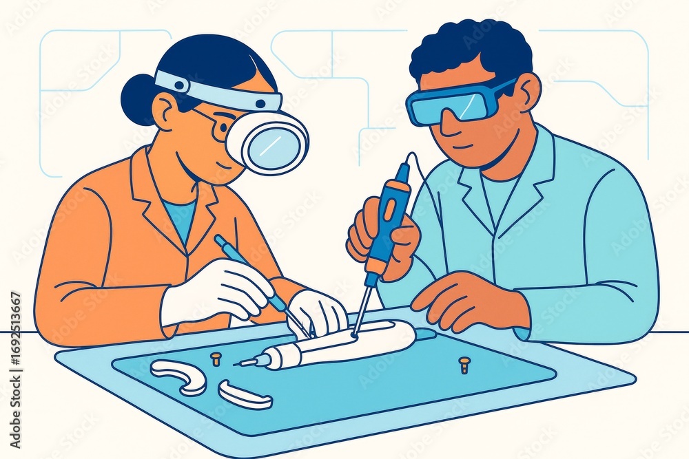 Aufkleber two engineers assembling high-tech device in lab environment using precision tools and safety gear w
