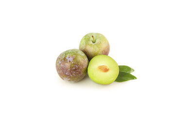 Fresh Sichuan Sweet Plums on White Background - Whole and Halved Fruit