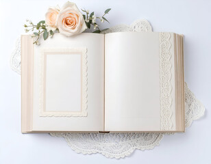 Open Wedding Album with Peach Roses and Lace