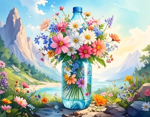 Colorful bouquet in a bottle by a lake