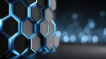 Geometric shapes merge with digital aesthetics to create an abstract technology landscape of hexagons illuminated by vivid blue light