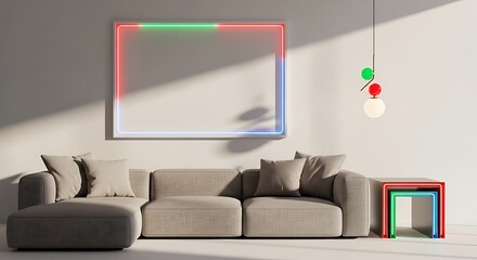 Modern Living Room with Sectional Sofa and Neon Frame Art interior