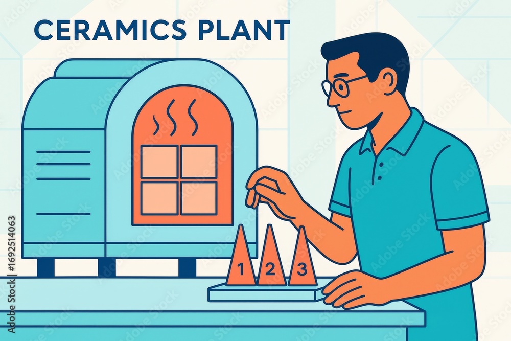Aufkleber technician testing ceramic cones in front of kiln at ceramics plant in simplified abstract style on 