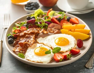 Colorful breakfast plate with eggs, bacon, and fruit