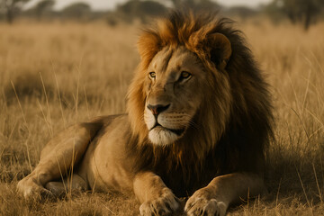 Fototapeta premium Majestic lion lying on grass in African savanna wildlife photography