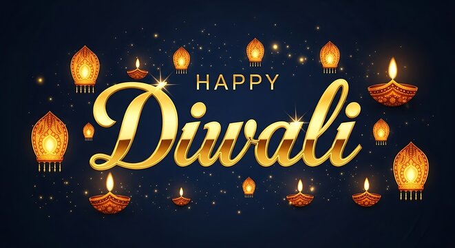 Festive Diwali Greeting with Golden Script and Illuminated Lamps on Dark Background - Powered by Adobe