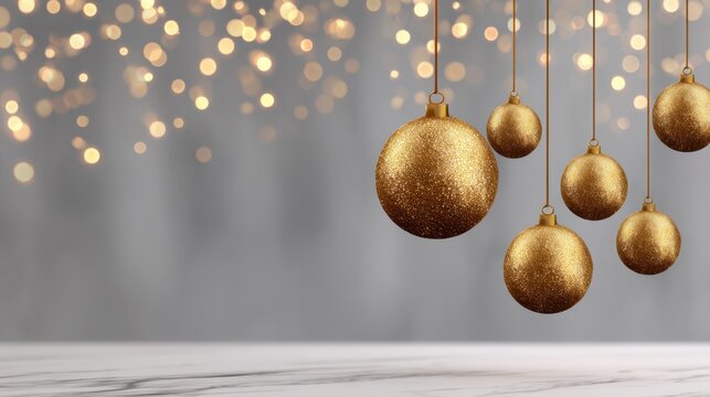 Glistening gold ornaments hang elegantly in a festive setting perfect for holiday celebrations and joyous gatherings in the heart of winter festivities