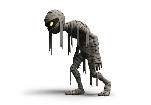 3D creepy Halloween mummy character with glowing yellow eyes, wrapped in tattered bandages, spooky undead monster isolated on white background
