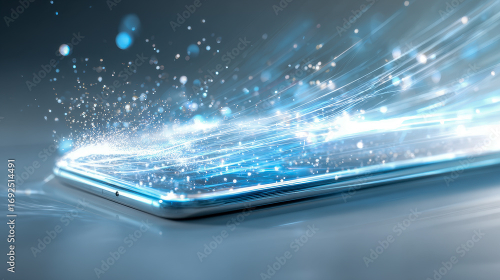 Poster high-tech smartphone emitting dynamic light trails and particle streams symbolizing fast data transf