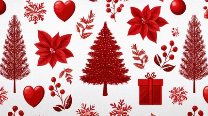 Festive decorations adorned with Christmas icons create a cheerful red pattern perfect for holiday celebrations and winter joy