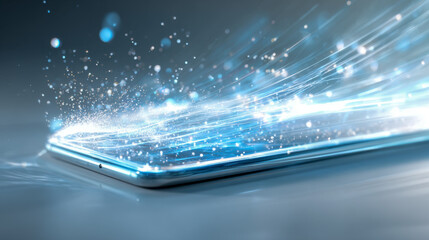 High-tech smartphone emitting dynamic light trails and particle streams symbolizing fast data transfer and advanced digital connectivity in a futuristic concept design