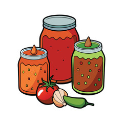 Colorful mexican salsa jars filled with fresh ingredients and spices for culinary design