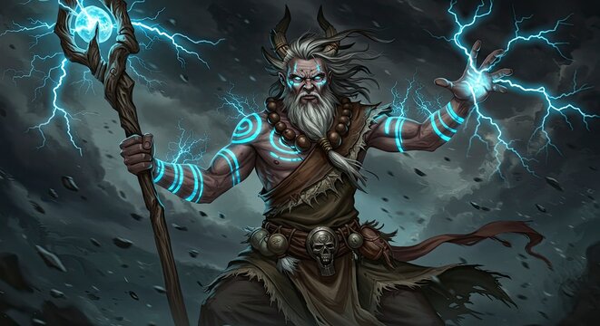 Powerful Ancient God Summoning Lightning, Fantasy Art, Stormy Sky, Epic Scene.