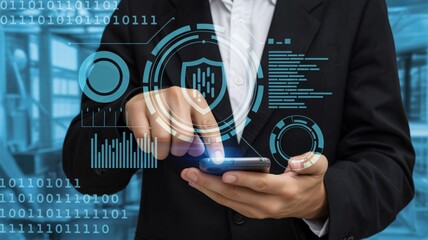 Business executive uses phone with futuristic digital interface and data visualization