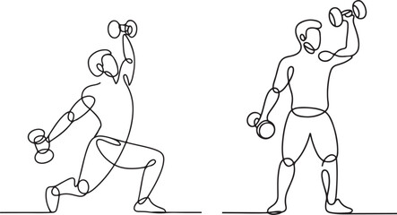 Continuous line art of person lifting dumbbell minimal fitness training symbol vector illustration