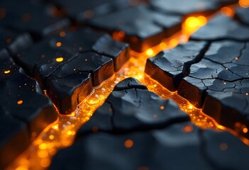 An ultra-realistic 3D render of a fractured black obsidian slab