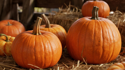 Several orange pumpkins arranged neatly on straw