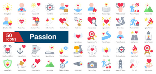 Fototapeta premium A collection of Passion icons. Containing energy, emotion, commitment, purpose, inspiration, inner spark, and devotion. Ideal for branding, creativity, and motivation.