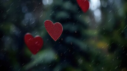 Obraz premium Floating hearts create a captivating atmosphere in a dreamy bokeh background, evoking feelings of love and nostalgia during a rainy day in the park