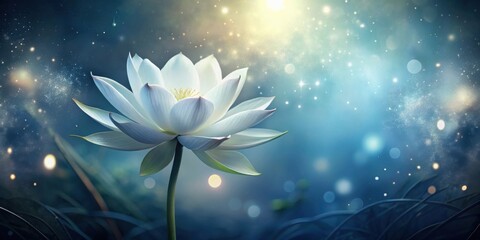 Serene Night Bloom A Single White Lotus Flower Illuminated by Enchanting Light and Shimmering Stardust