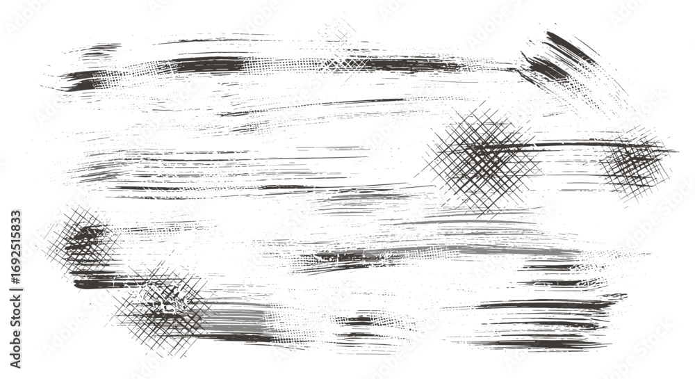 Poster abstract background with black brush strokes and cross hatched patterns